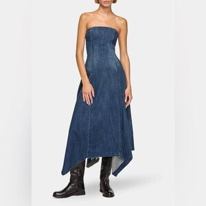 EB Denim Eliana NWT Jean Jaggered Hem Flowy Strapless Fit & Flare Dress Large